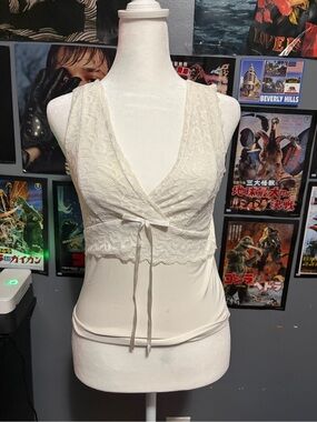 Moa Moa Ivory Lace V-Neck Tie-Front Chemise Top